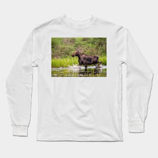 Young Moose running in the water Long Sleeve T-Shirt